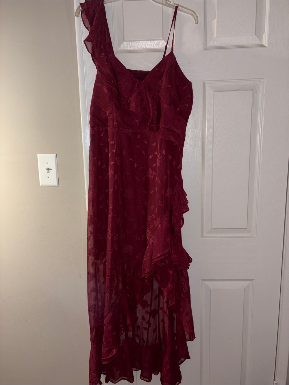 Lulu's Wine One-Shoulder Ruffle Asymmetrical Dress